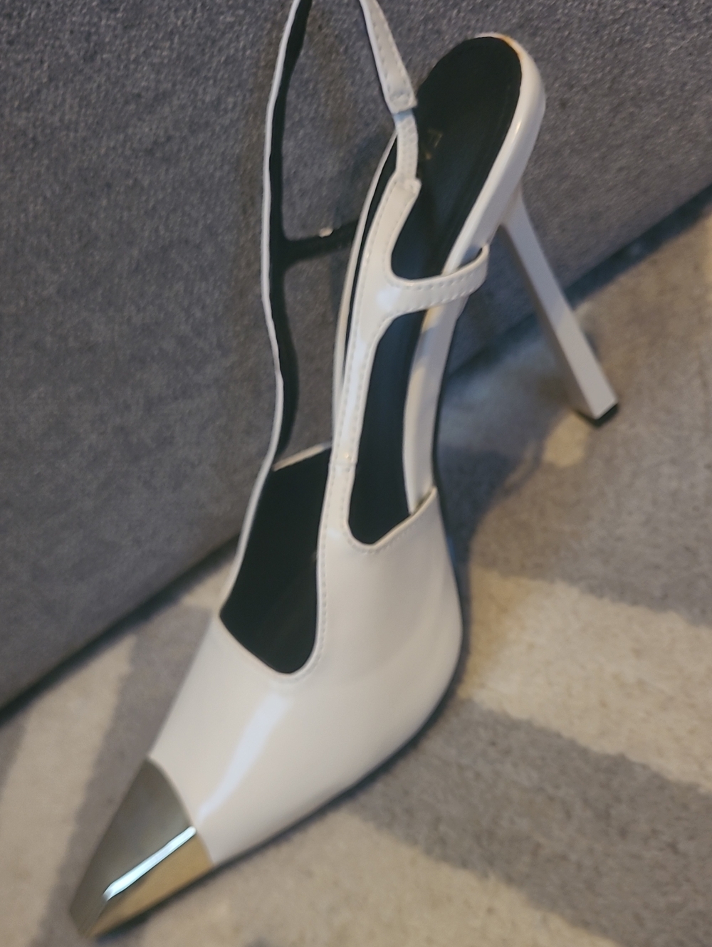 Fashion Nova White Slingback Pointed Pump with Gold Cap Toe